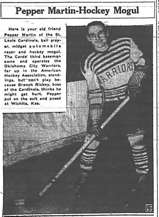 Calgary Herald Feb. 1, 1936: St. Louis Cardinals 3rd-baseman Pepper Martin posing OKC Warriors gear in the 1936.